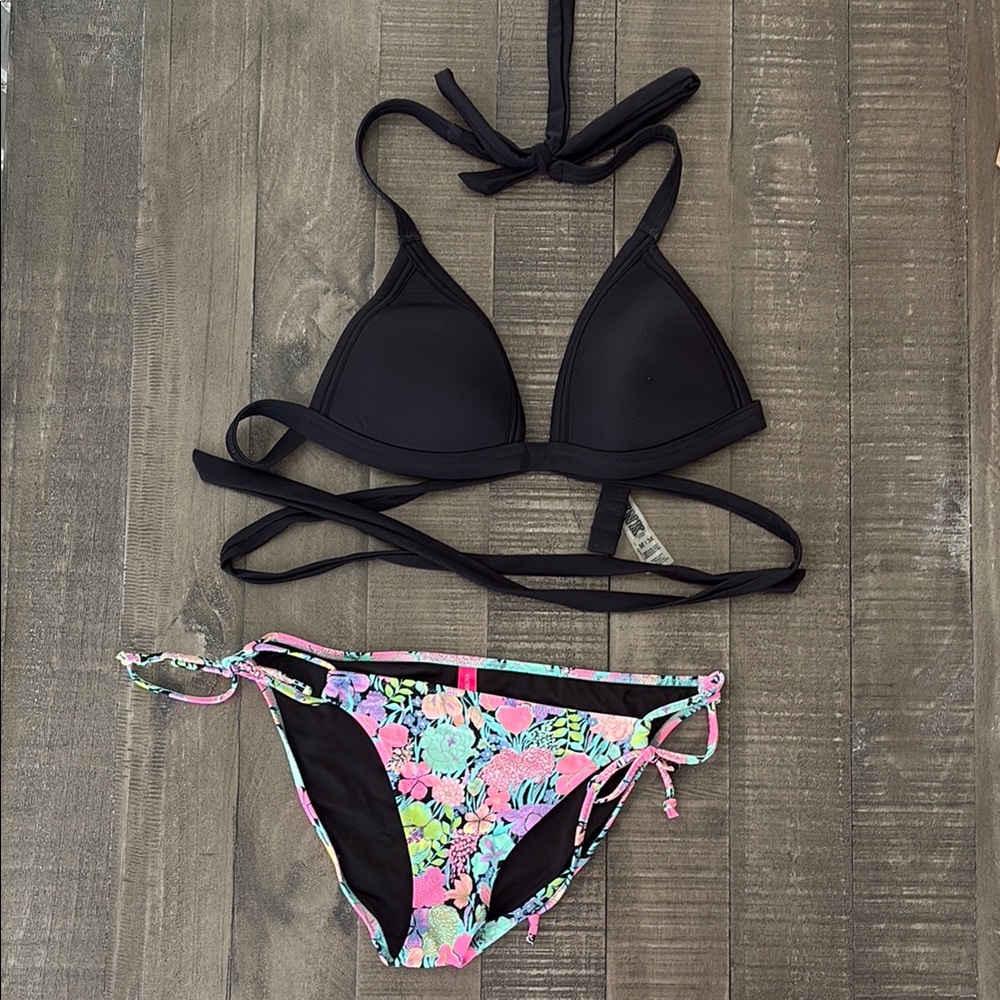 PINK Victoria's Secret Black and Pink Bikini Set